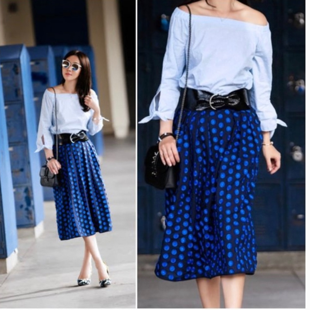 J.Crew Blue Fringe Polka dot midi skirt size 0